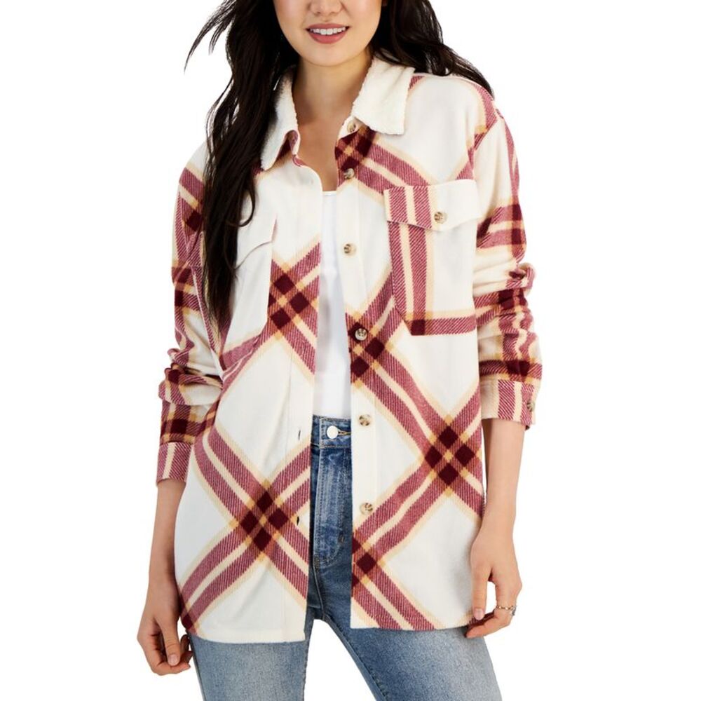 Just Polly Juniors' Plaid Polar Fleece Sherpa-Collar Shacket